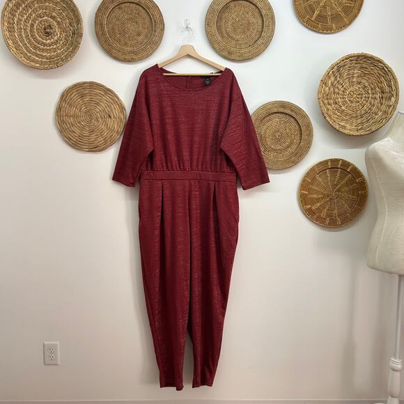 Lane Bryant Red Wine Long Sleeve Boatneck Sparkle Knit Jumpsuit Plus Size 22/24 - Picture 1 of 8